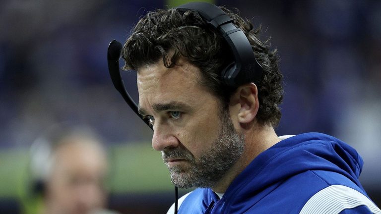 Head coach Jeff Saturday of the Indianapolis Colts looks on against the Pittsburgh Steelers during the first quarter in the game at Lucas Oil Stadium on November 28, 2022 in Indianapolis, Indiana. 